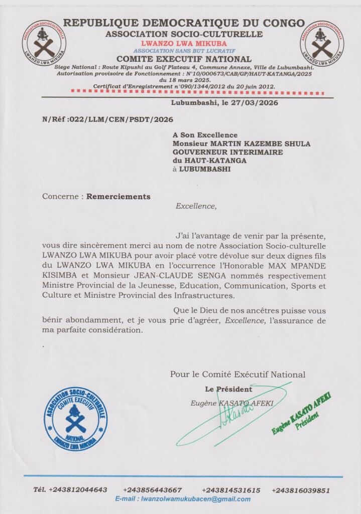 Haut-Katanga : LWANZO LWA MIKUBA salue la nomination de ses fils au Gouvernement